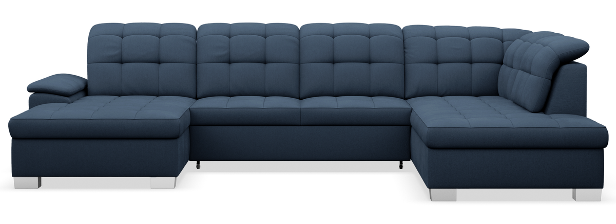 Canapé d'angle avec fonction couchage Jamaal en U, côté gauche, avec coffre de rangement, bleu marine tressé