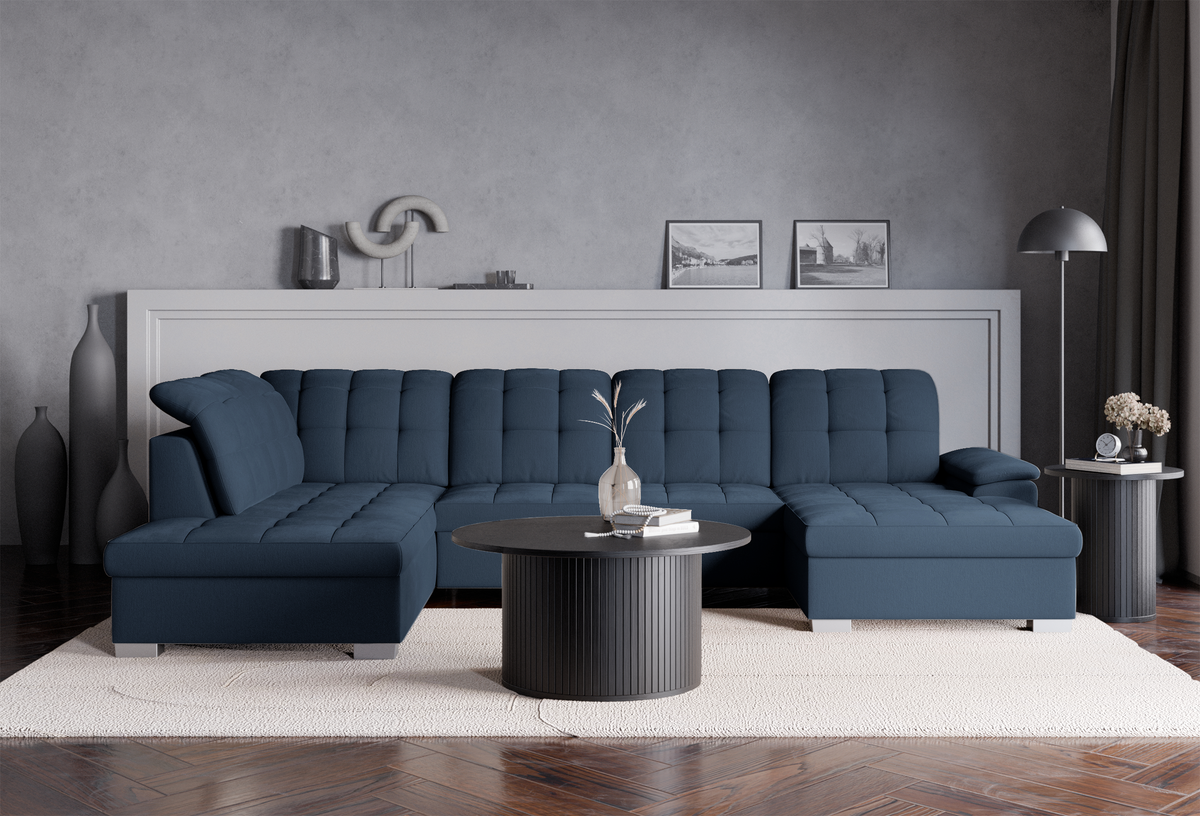 Canapé d'angle avec fonction couchage Jamaal en U, côté droit, avec coffre de rangement, tissage bleu marine
