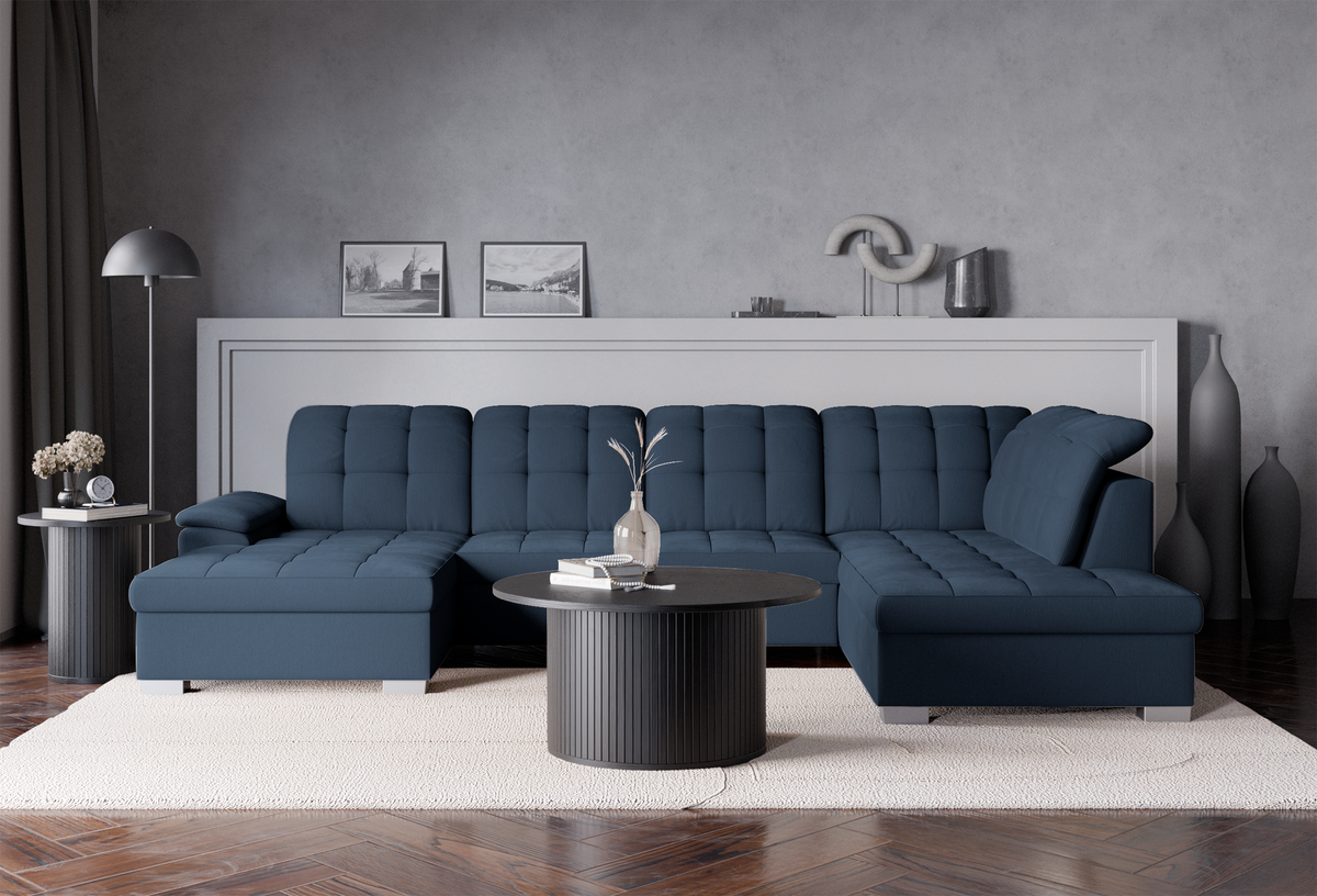 Canapé d'angle avec fonction couchage Jamaal en U, côté gauche, avec coffre de rangement, bleu marine tressé