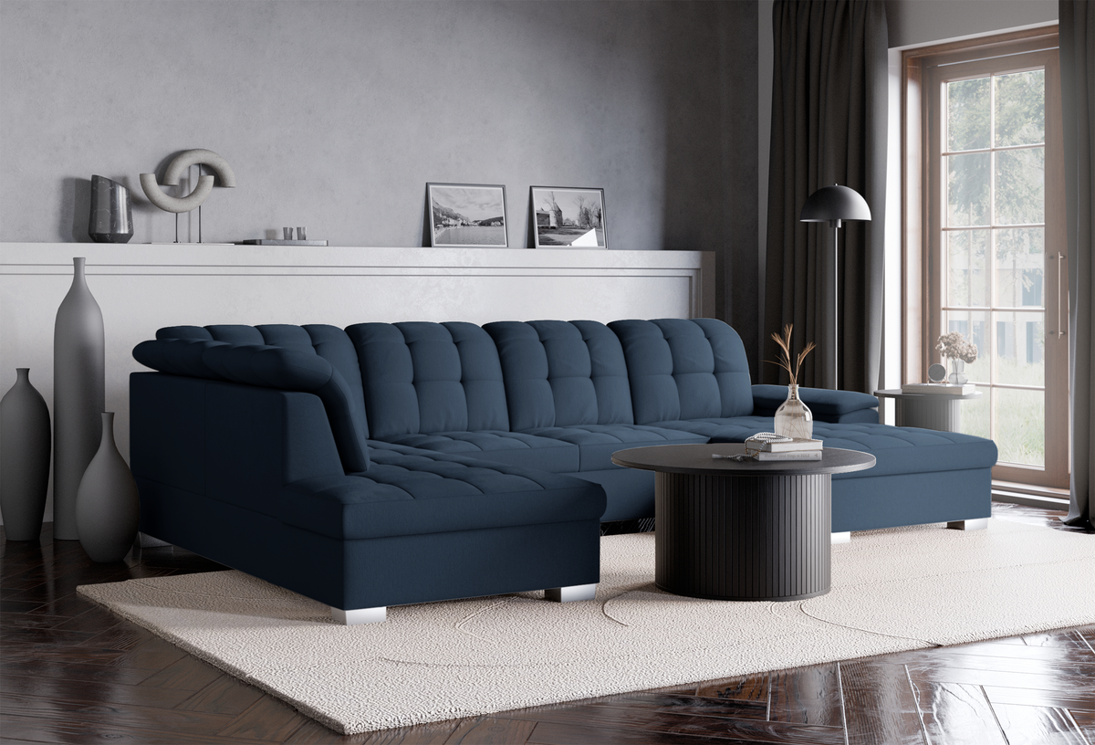 Canapé d'angle avec fonction couchage Jamaal en U, côté droit, avec coffre de rangement, tissage bleu marine