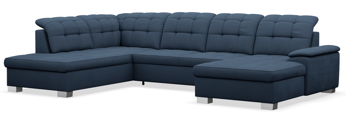 Canapé d'angle avec fonction couchage Jamaal en U, côté droit, avec coffre de rangement, tissage bleu marine