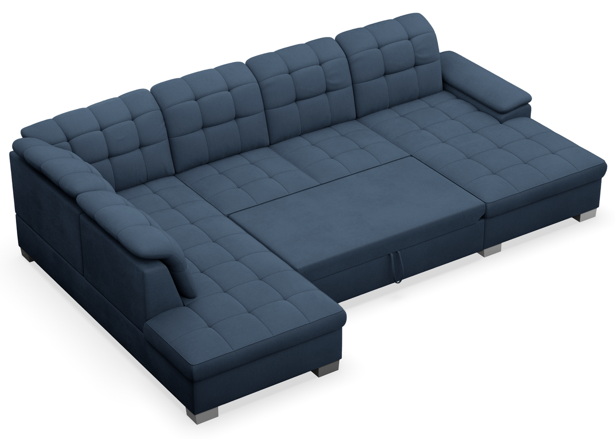 Canapé d'angle avec fonction couchage Jamaal en U, côté droit, avec coffre de rangement, tissage bleu marine