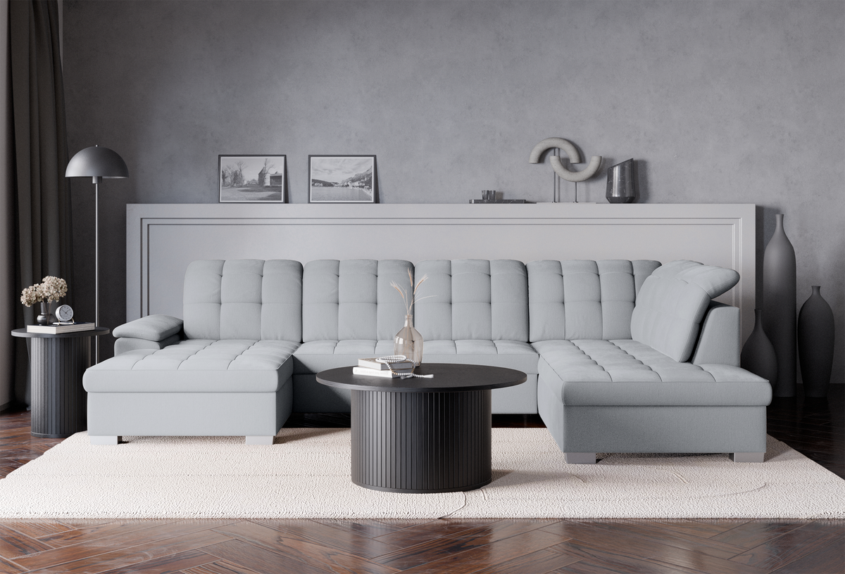 Canapé d'angle avec fonction couchage Jamaal en U gauche avec coffre, gris clair tressé