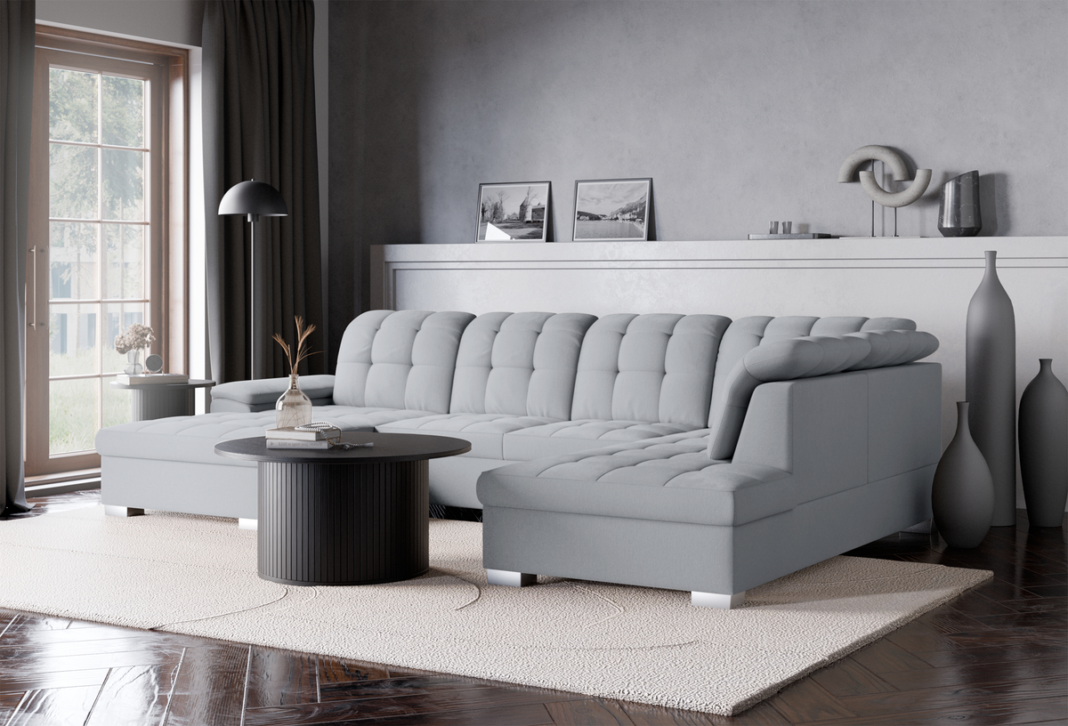 Canapé d'angle avec fonction couchage Jamaal en U gauche avec coffre, gris clair tressé