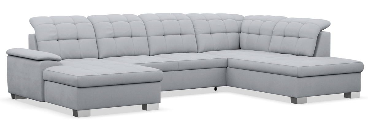 Canapé d'angle avec fonction couchage Jamaal en U gauche avec coffre, gris clair tressé