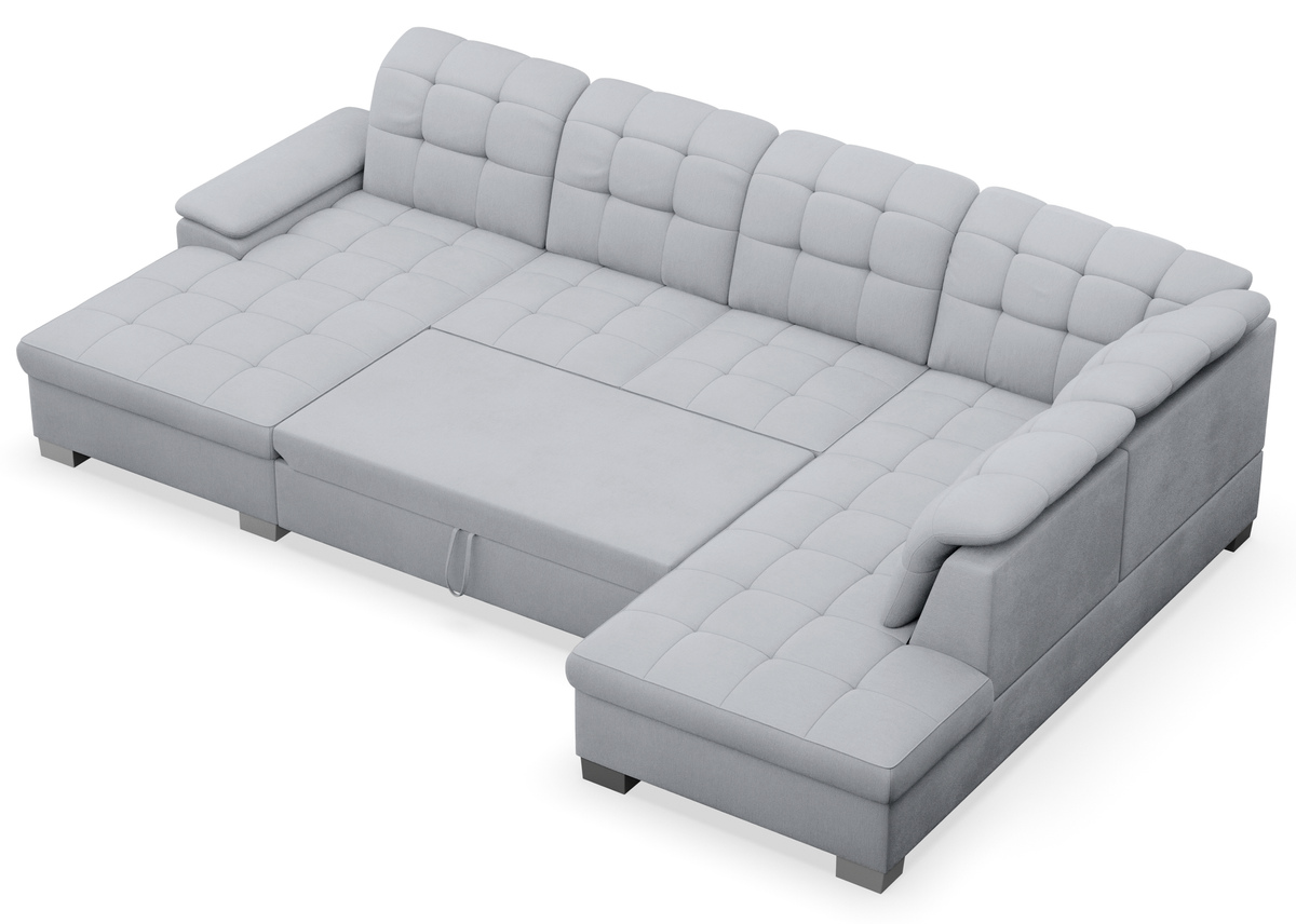 Canapé d'angle avec fonction couchage Jamaal en U gauche avec coffre, gris clair tressé