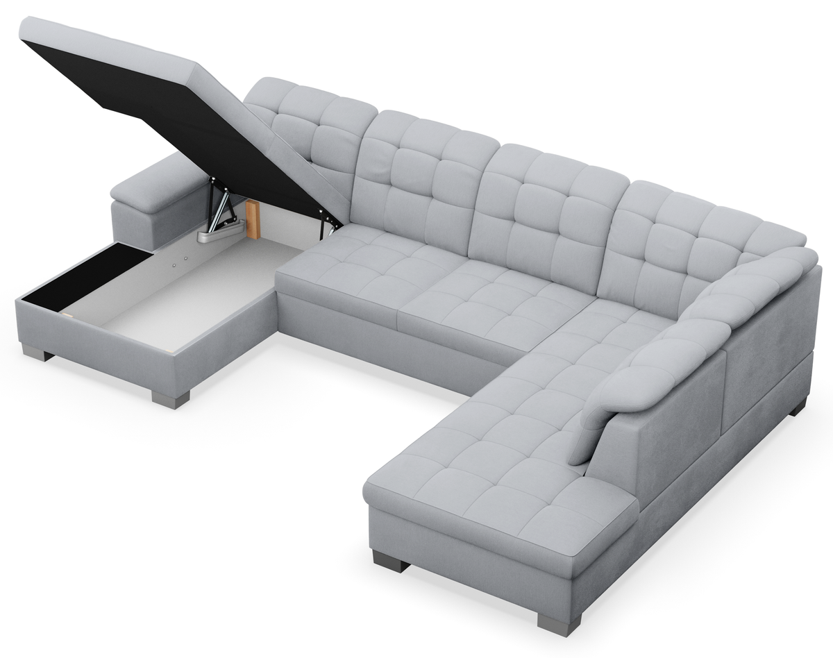 Canapé d'angle avec fonction couchage Jamaal en U gauche avec coffre, gris clair tressé