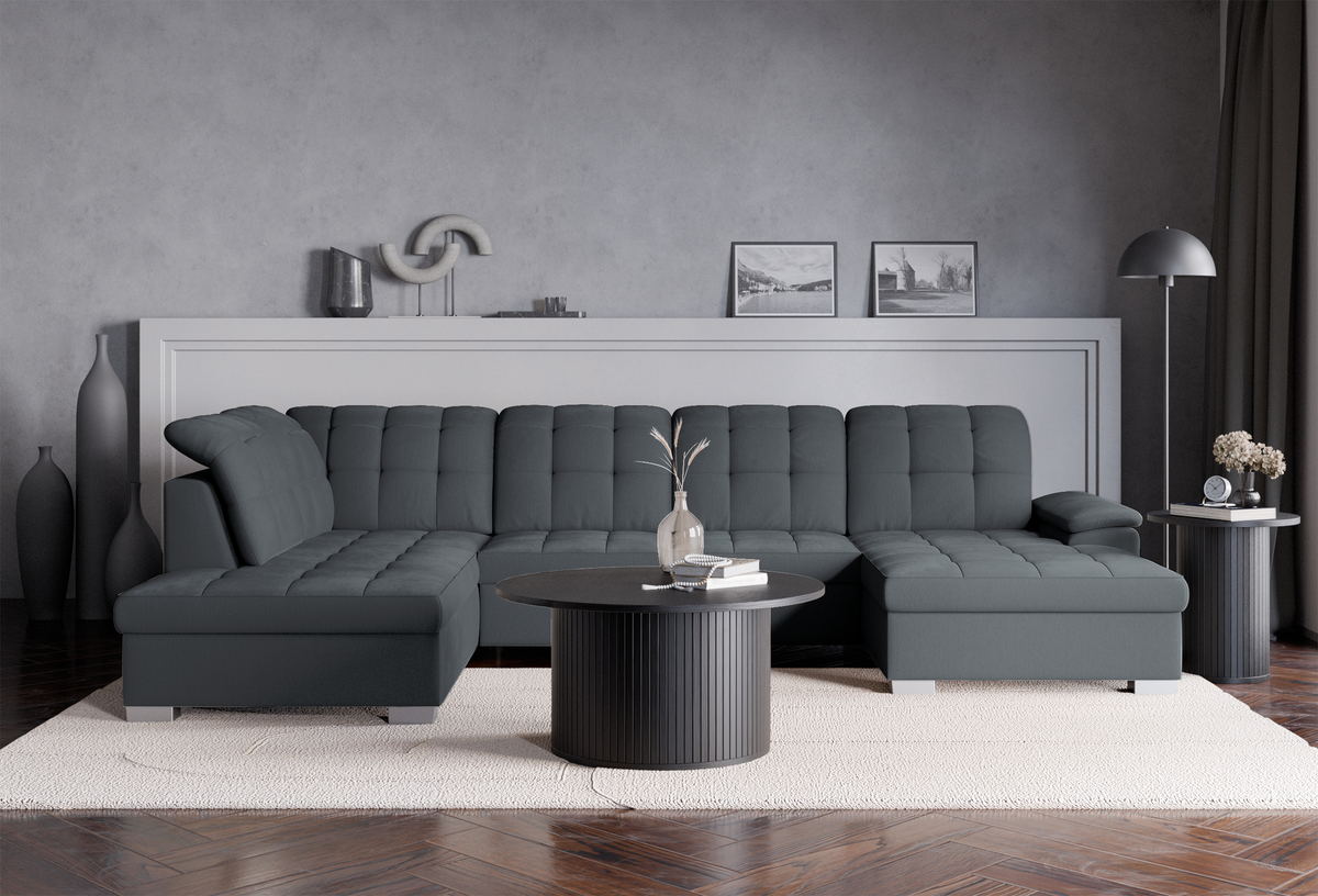 Canapé d'angle droit avec fonction couchage Jamaal en U, rangement, gris foncé tressé