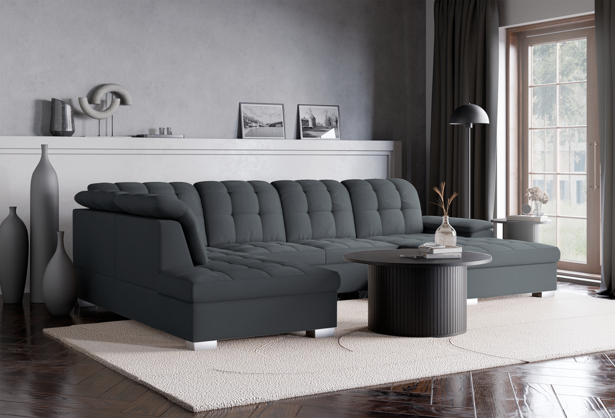 Canapé d'angle droit avec fonction couchage Jamaal en U, rangement, gris foncé tressé