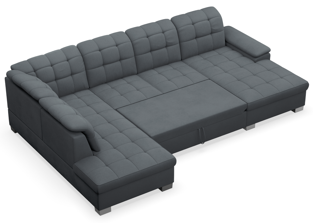 Canapé d'angle droit avec fonction couchage Jamaal en U, rangement, gris foncé tressé