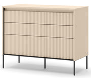 Commode Trend avec trois tiroirs et éclairage 104 cm, façades rainurées beige sable / noir