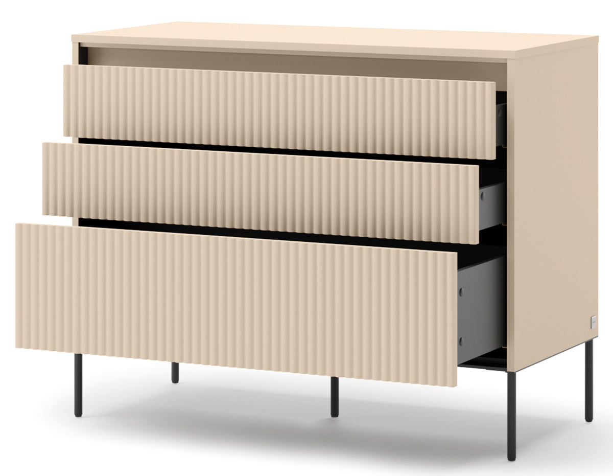 Commode Trend avec trois tiroirs et éclairage 104 cm, façades rainurées beige sable / noir
