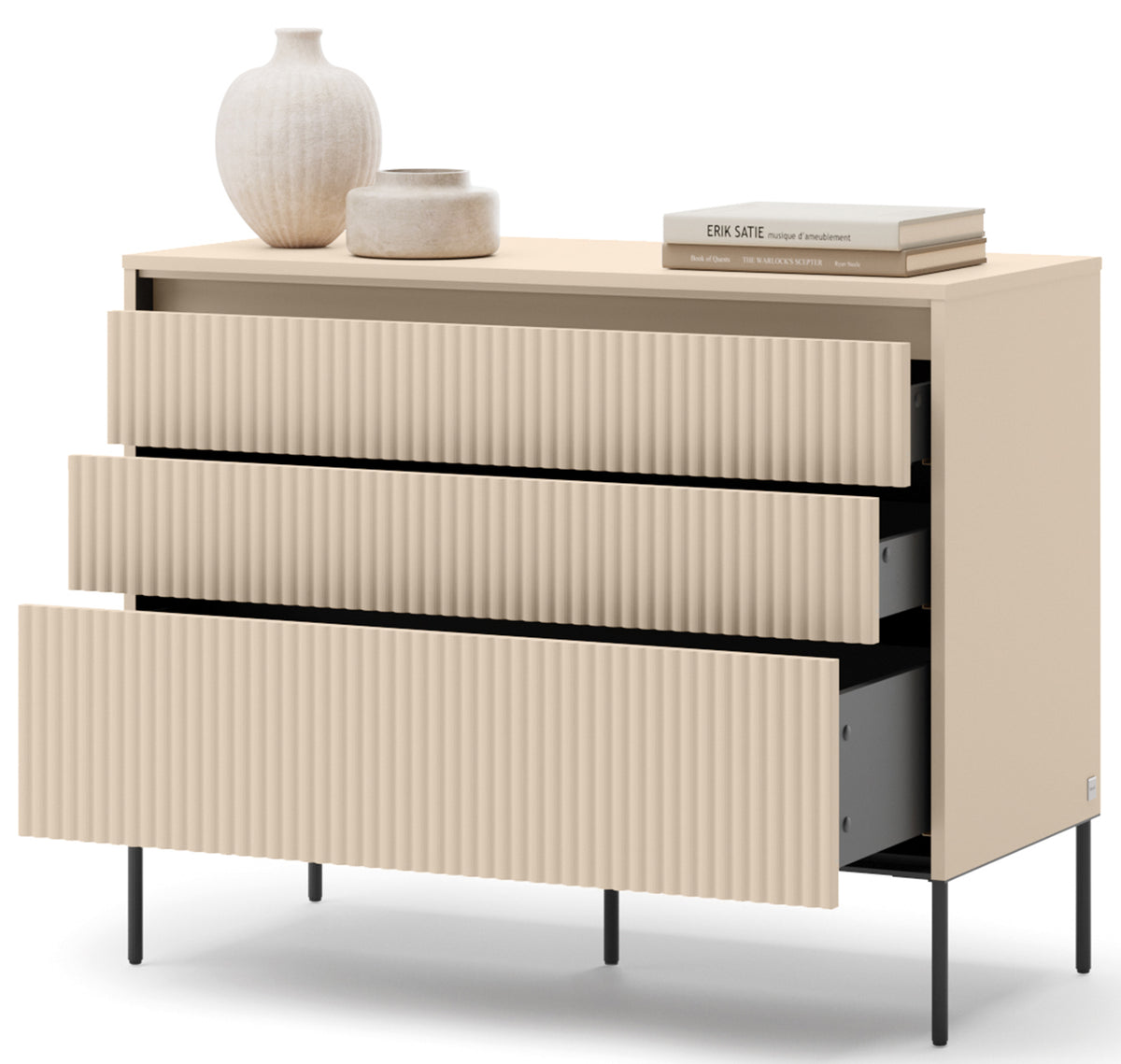 Commode Trend avec trois tiroirs et éclairage 104 cm, façades rainurées beige sable / noir