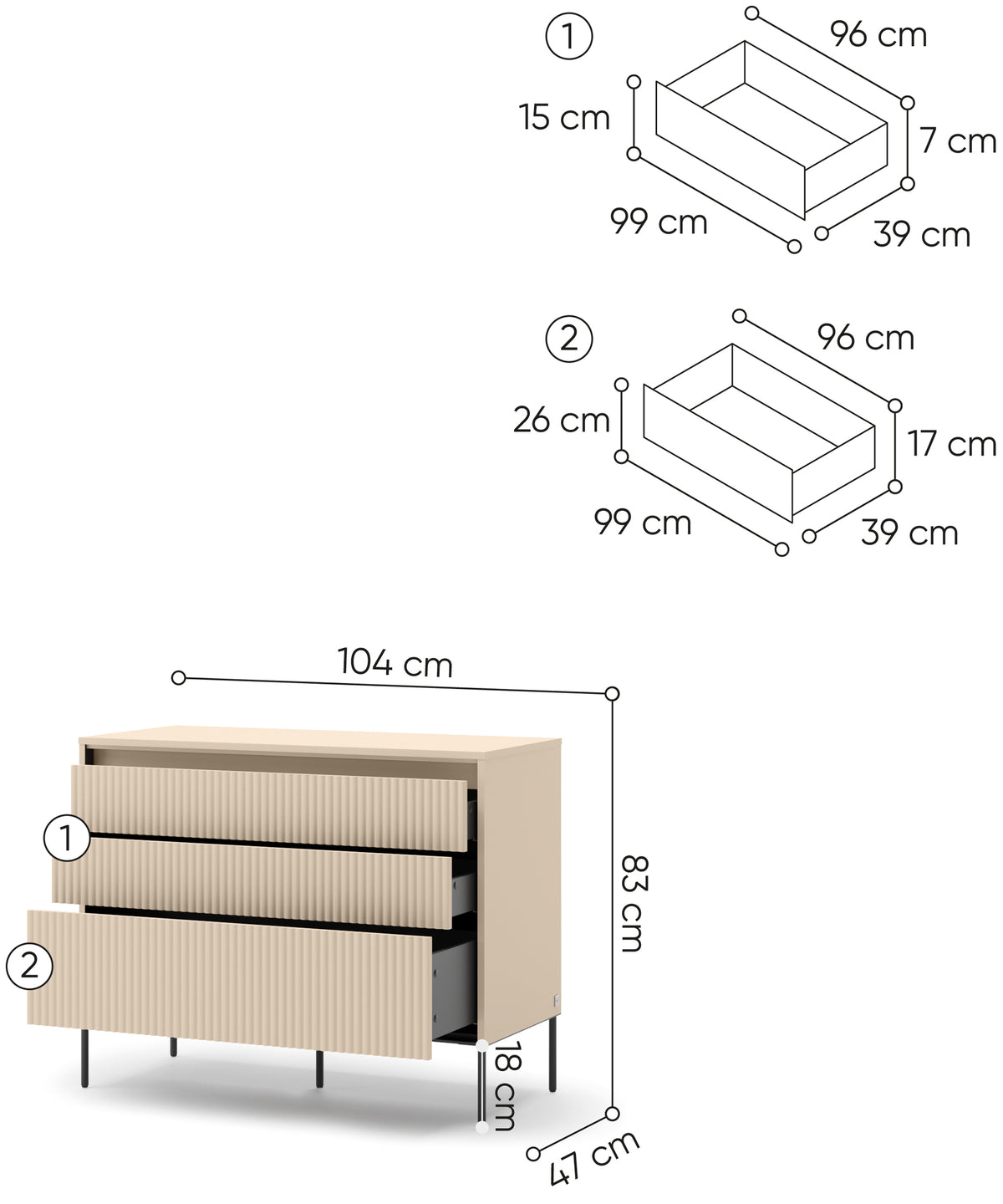 Commode Trend avec trois tiroirs et éclairage 104 cm, façades rainurées beige sable / noir