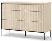 Commode Trend 130 cm à six tiroirs avec éclairage, façades rainurées beige sable / noir