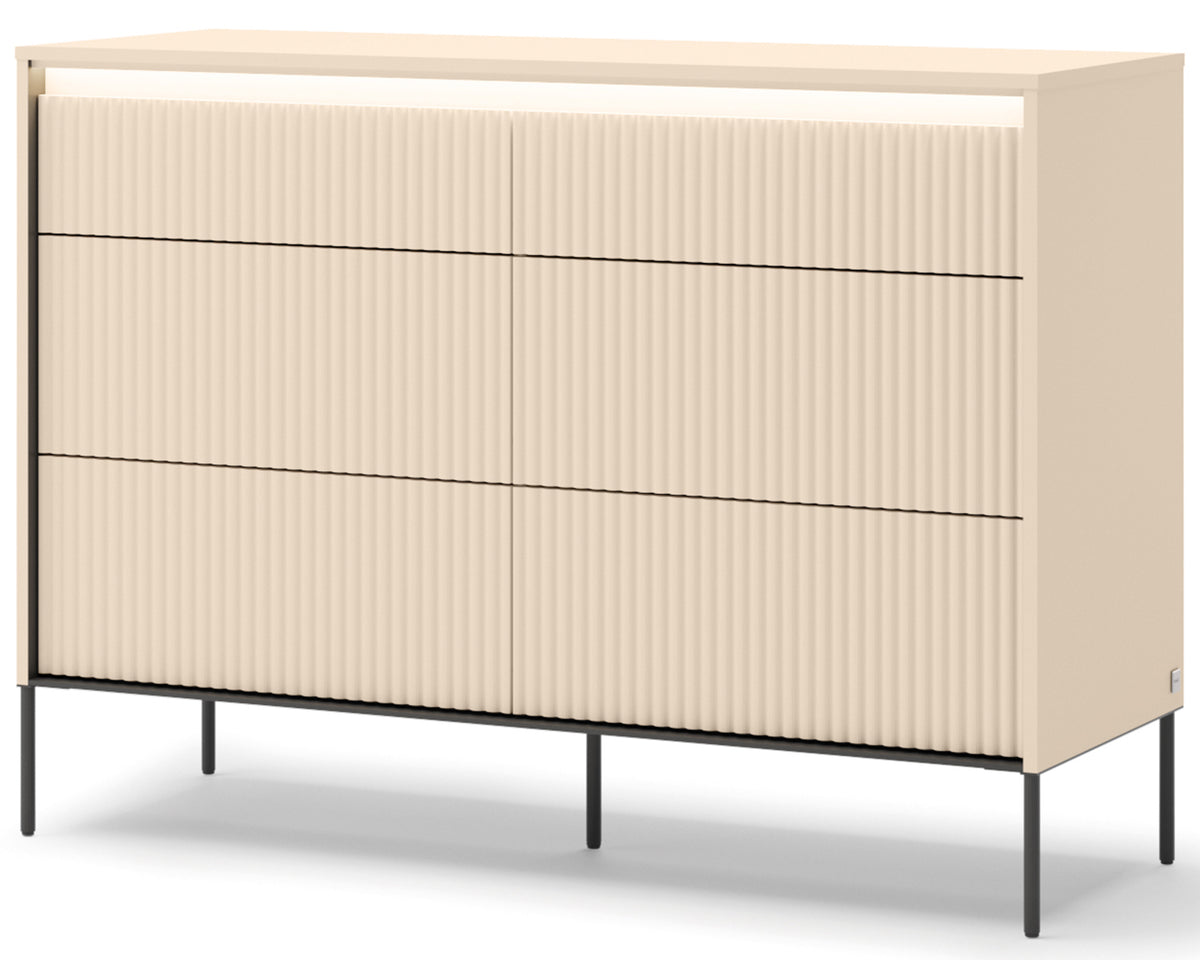 Commode Trend 130 cm à six tiroirs avec éclairage, façades rainurées beige sable / noir