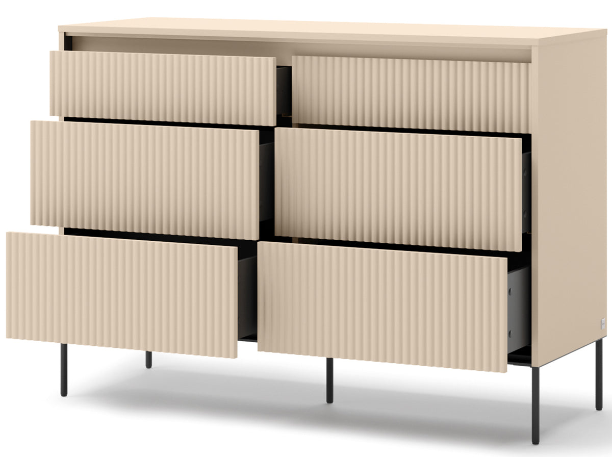 Commode Trend 130 cm à six tiroirs avec éclairage, façades rainurées beige sable / noir
