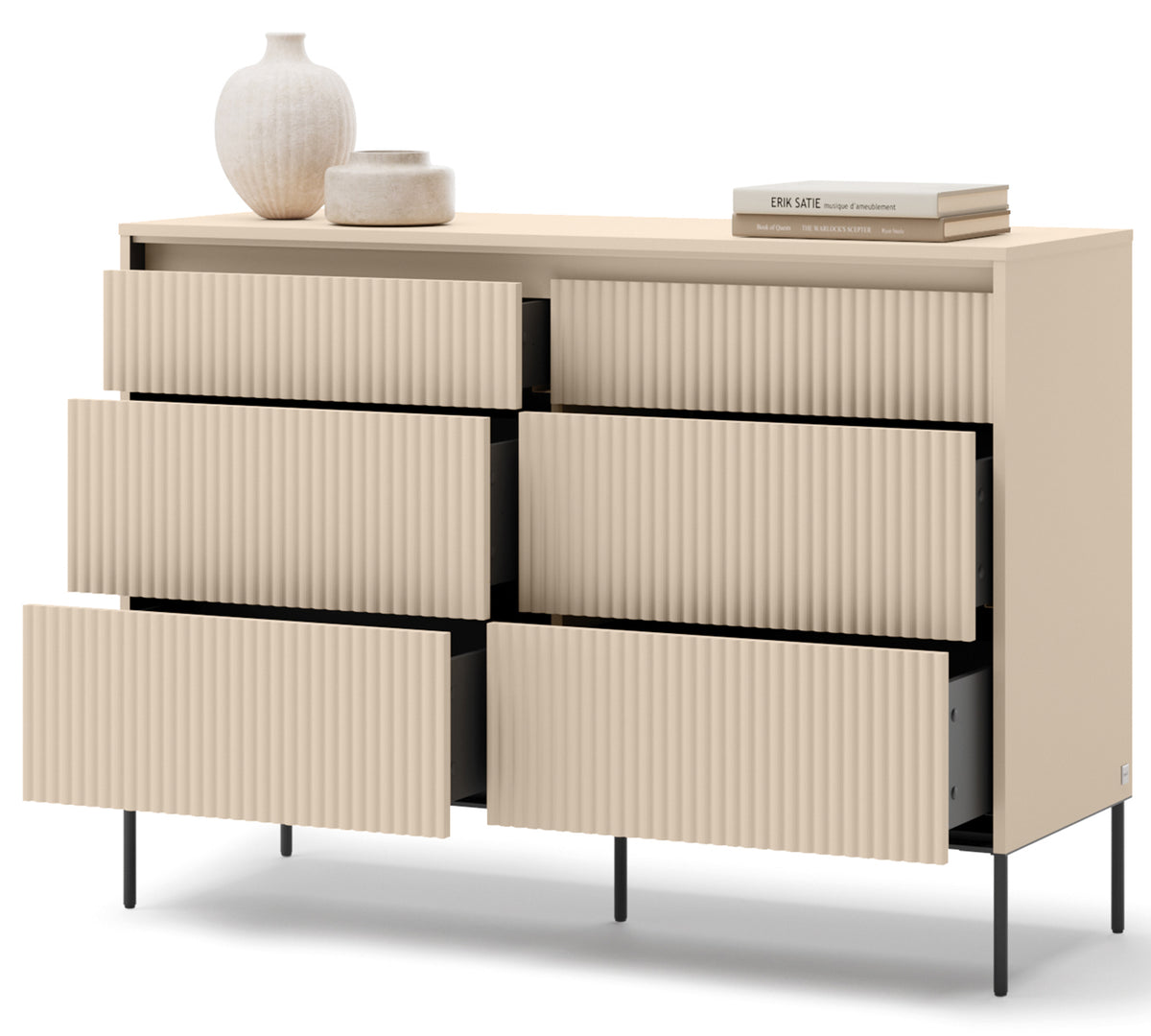Commode Trend 130 cm à six tiroirs avec éclairage, façades rainurées beige sable / noir