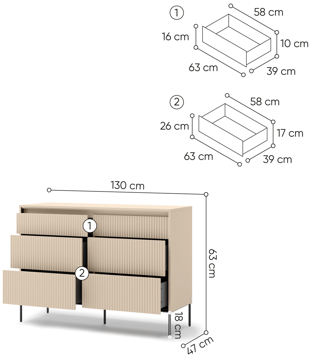 Commode Trend 130 cm à six tiroirs avec éclairage, façades rainurées beige sable / noir