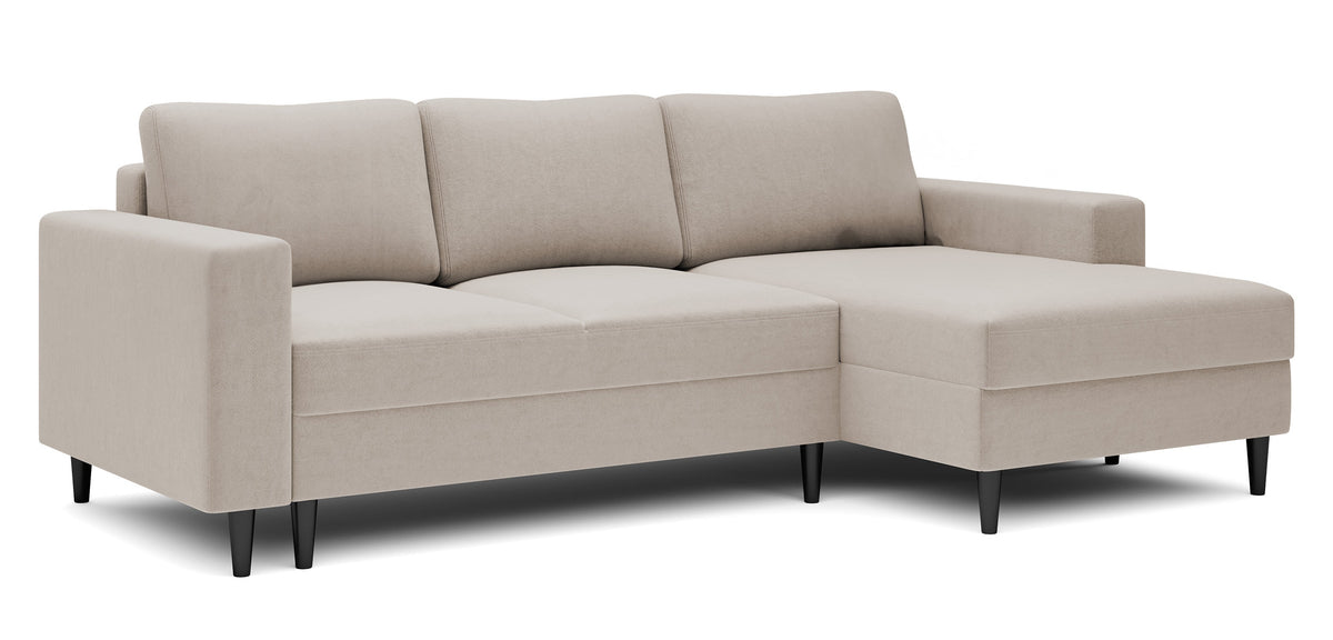 Canapé d'angle avec fonction couchage Nalika en L, avec coffre de rangement, velours hydrofuge beige, orientation droite
