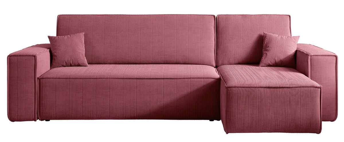 Canapé d'angle convertible Scarlo en velours côtelé uni, couleur rose foncé, avec coffre de rangement, réversible
