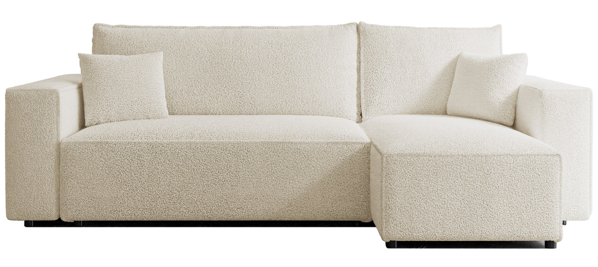 Canapé d'angle convertible Scarlo en L universel avec coffre de rangement, tissu boucle crème