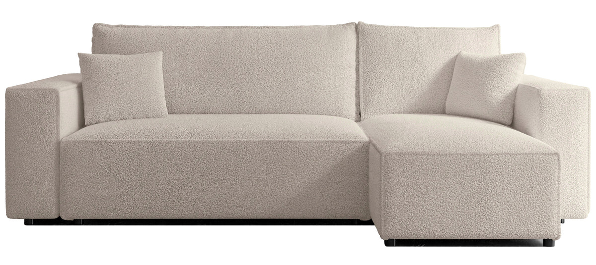 Canapé d'angle universel Scarlo L avec fonction couchage et coffre de rangement, bouclé beige clair