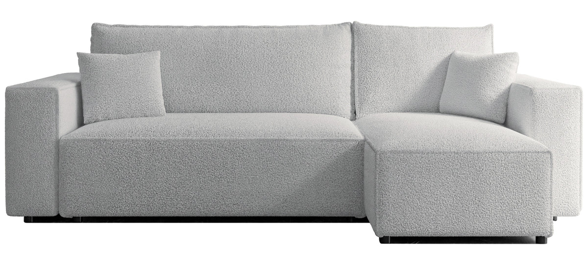 Canapé d'angle convertible Scarlo en L universel avec coffre, bouclé gris clair