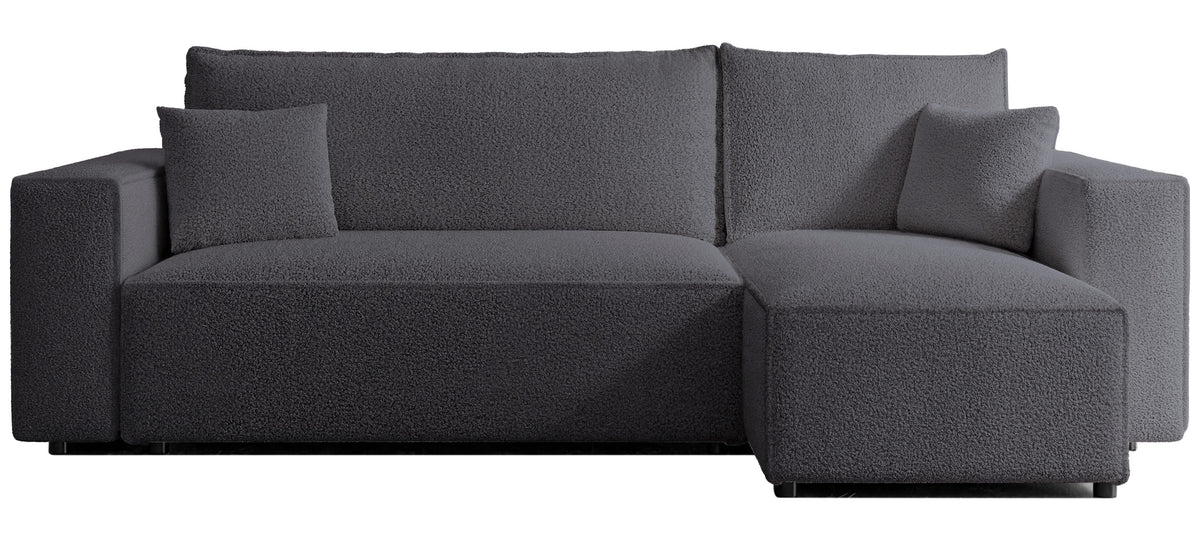 Canapé d'angle convertible Scarlo en L universel avec coffre, bouclé gris foncé