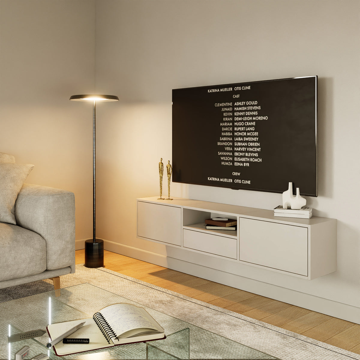 Meuble TV suspendu Framme avec trois abattants et niche 150 cm cachemire