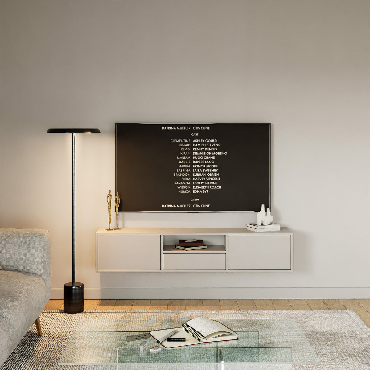 Meuble TV suspendu Framme avec trois abattants et niche 150 cm cachemire