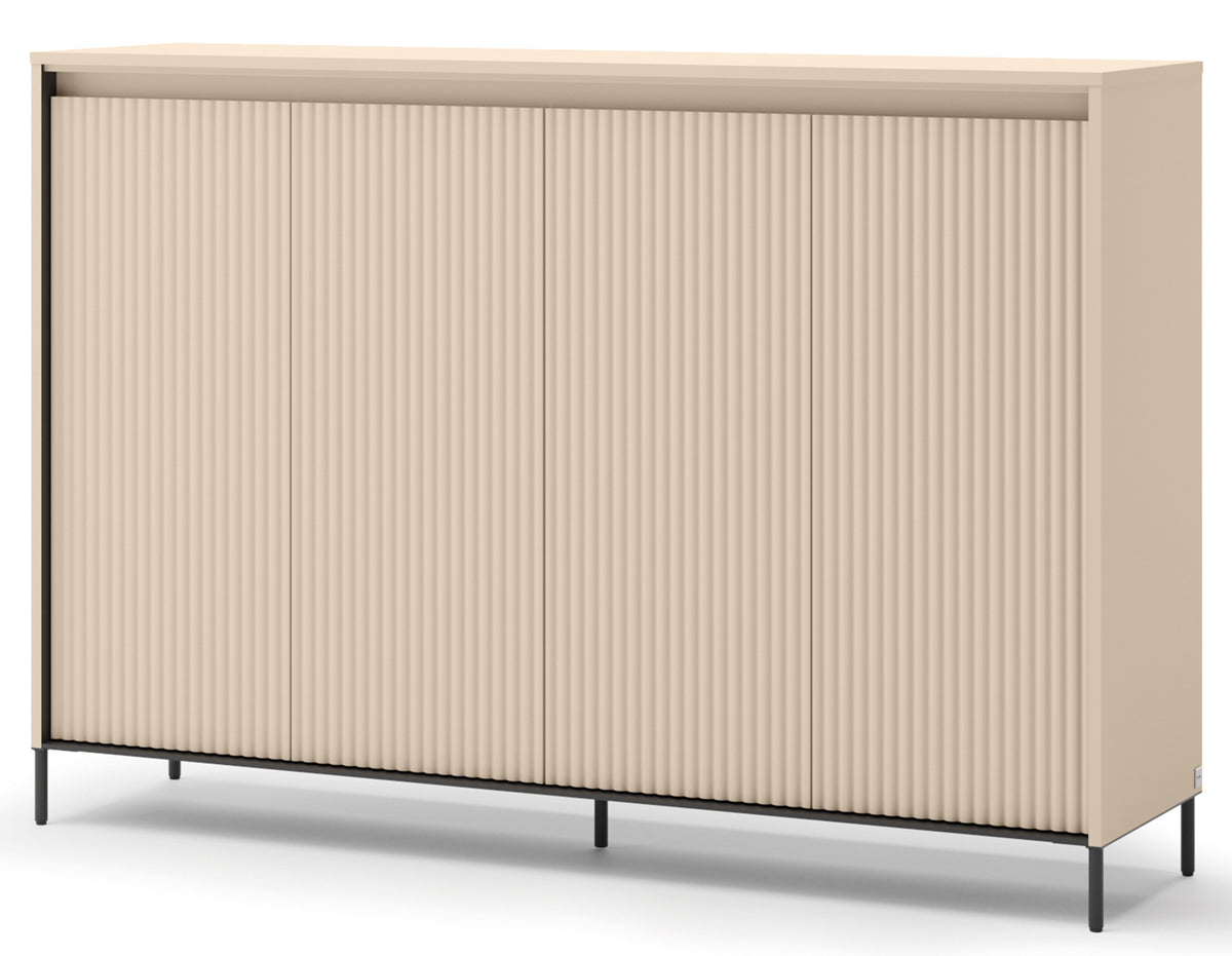 Hohe Kommode Trend mit vier Türen und Beleuchtung, 153 cm, gerillte Fronten, sandbeige / schwarz
