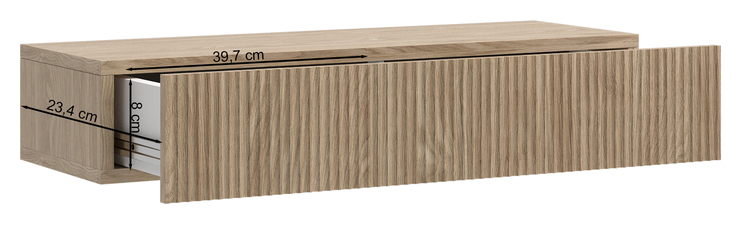 Console Nolie suspendue avec tiroir et rainures sur la façade, 90 cm, chêne huilé