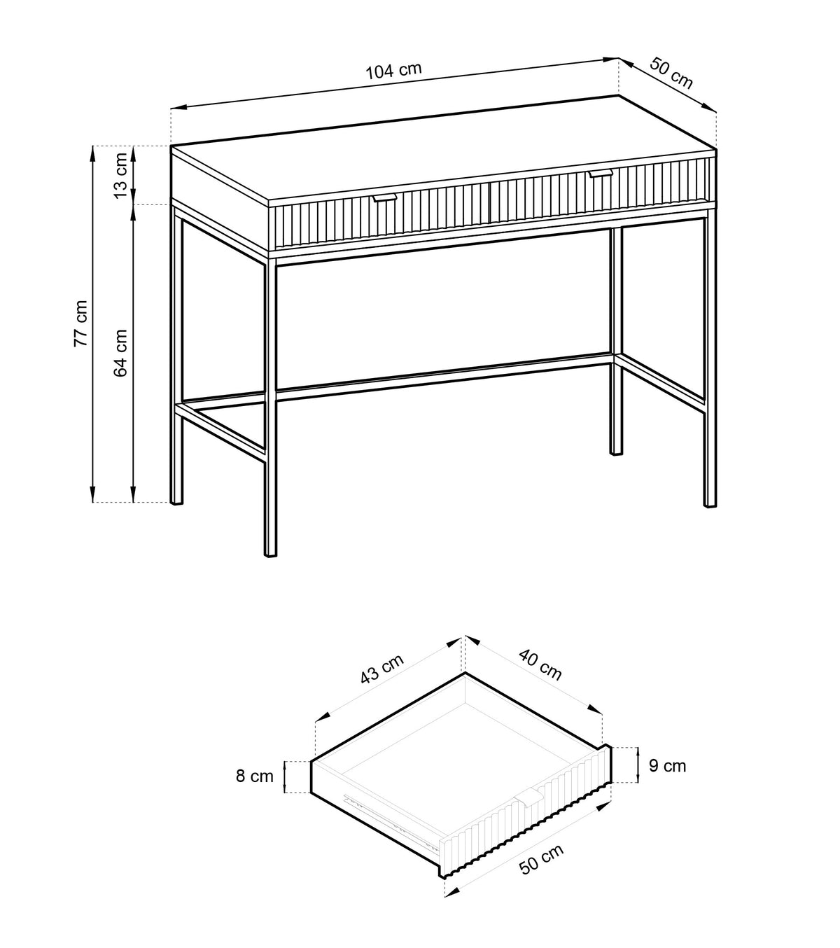 Bureau coiffeuse Vellore 104 cm blanc avec façades rainurées et structure dorée