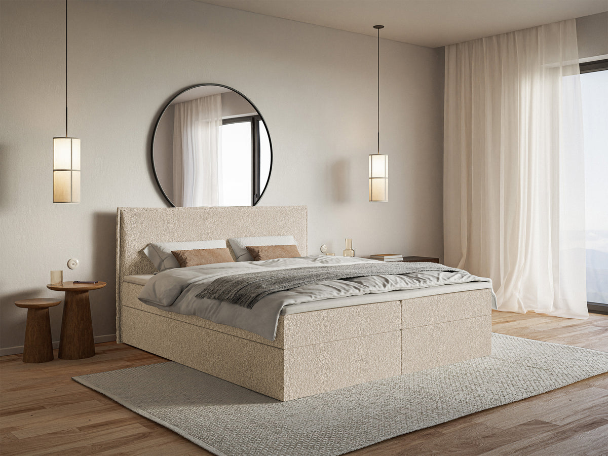 Kontinentales Bett 160x200 cm Softie mit Stauraum und Topper, hellbeige Chenille