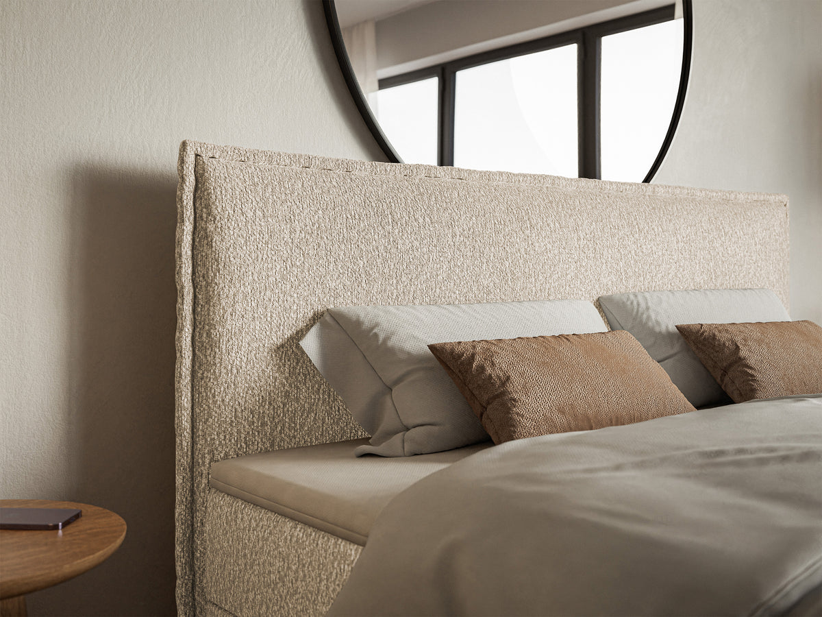Kontinentales Bett 160x200 cm Softie mit Stauraum und Topper, hellbeige Chenille