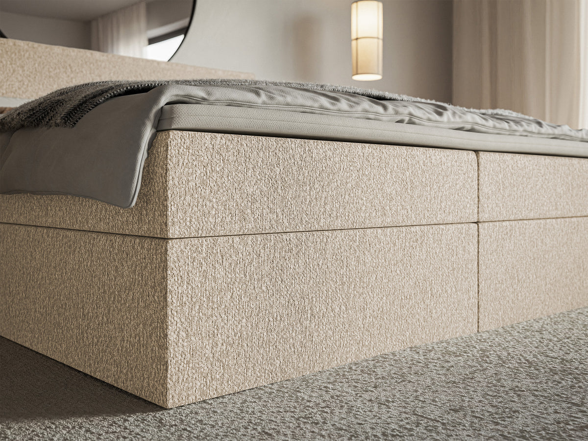 Kontinentales Bett 160x200 cm Softie mit Stauraum und Topper, hellbeige Chenille