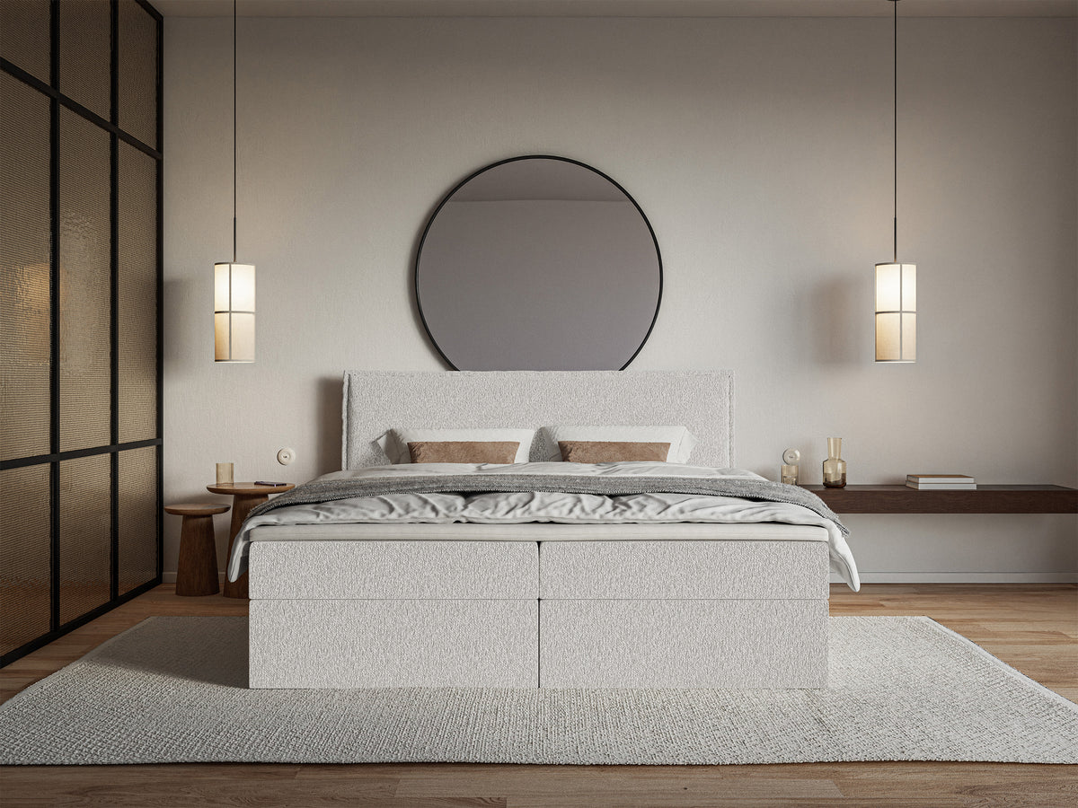 Kontinentalbett 180x200 cm Softie mit Stauraum und Topper, hellgrauer Chenillestoff