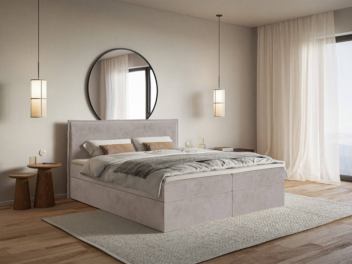 Kontinentalbett 140x200 cm Softie mit Stauraum und Topper, graubrauner Velours, wasserabweisend
