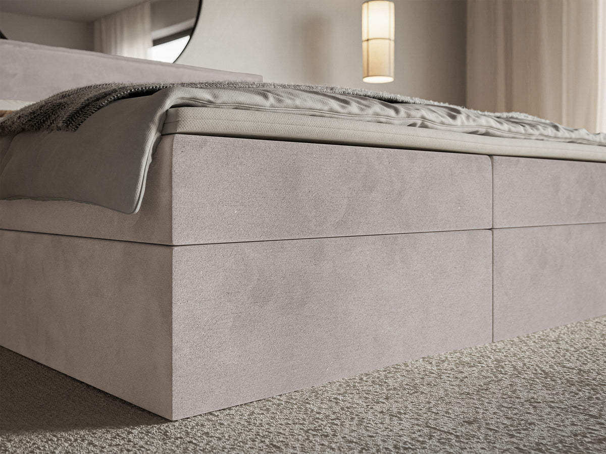 Kontinentalbett 140x200 cm Softie mit Stauraum und Topper, graubrauner Velours, wasserabweisend