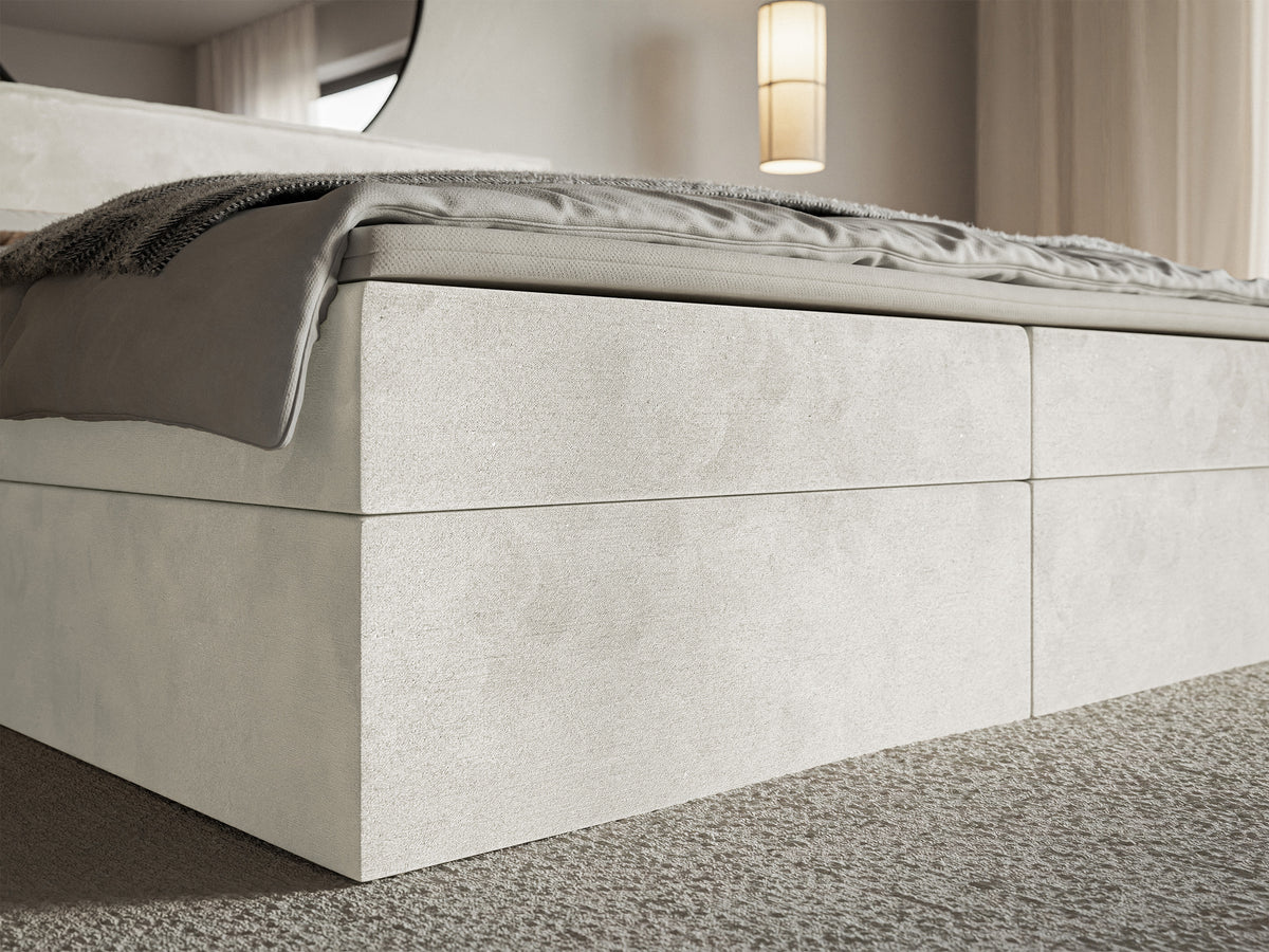 Kontinentalbett 160x200 cm Softie mit Stauraum und Topper, grau-beiger Velours, wasserabweisend
