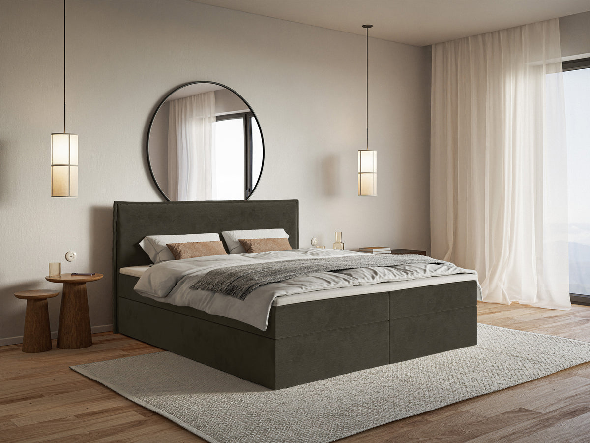 Lit continental 160x200 cm Softie avec rangements et surmatelas, velours hydrofuge vert foncé