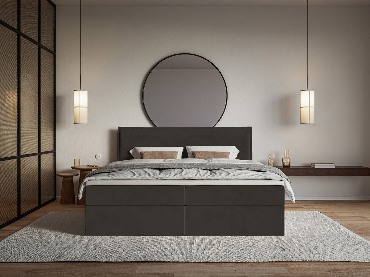 Lit continental 160x200 cm Softie avec rangements et surmatelas, velours hydrofuge vert foncé