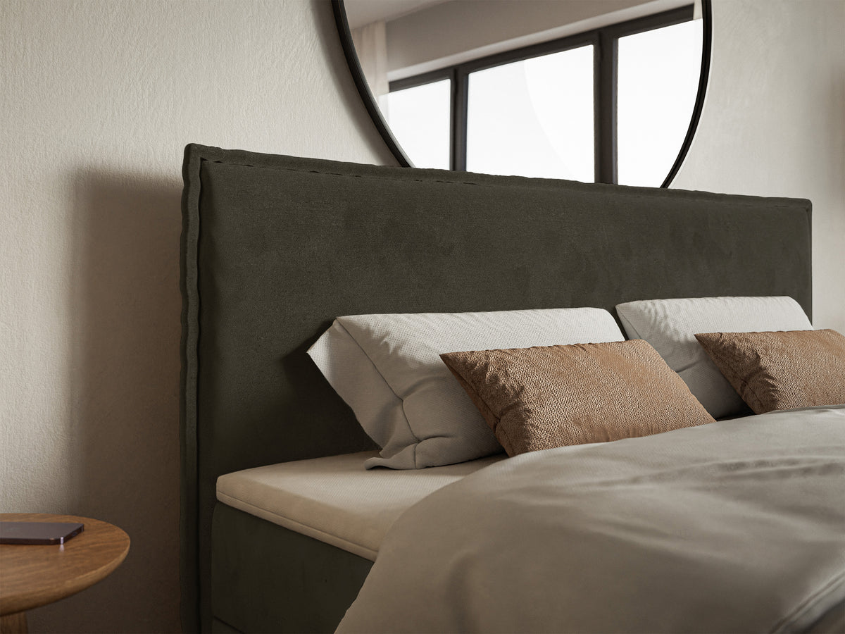 Lit continental 160x200 cm Softie avec rangements et surmatelas, velours hydrofuge vert foncé