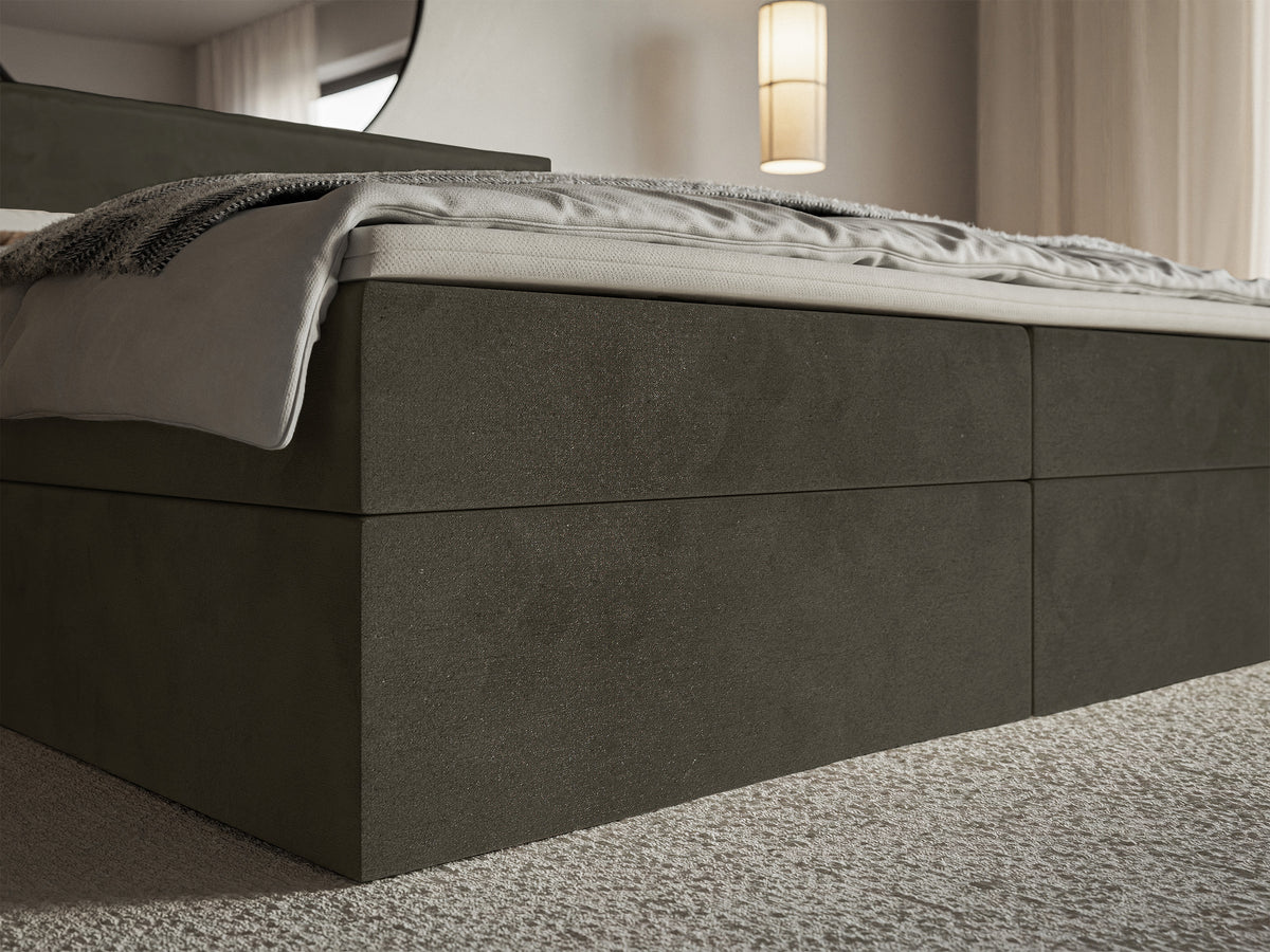 Lit continental 160x200 cm Softie avec rangements et surmatelas, velours hydrofuge vert foncé