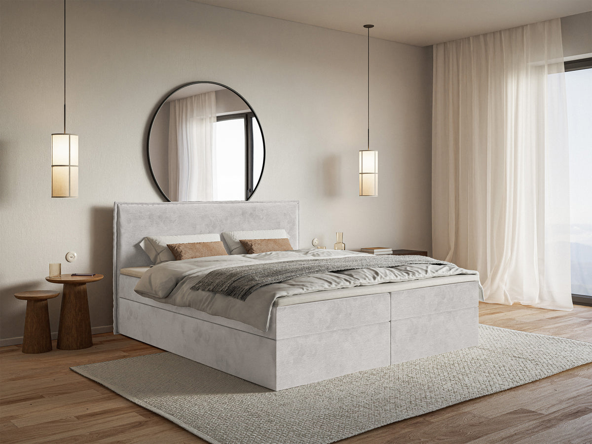 Kontinentalbett 180x200 cm Softie mit Stauraum und Topper, hellgrauer Velours, hydrophob