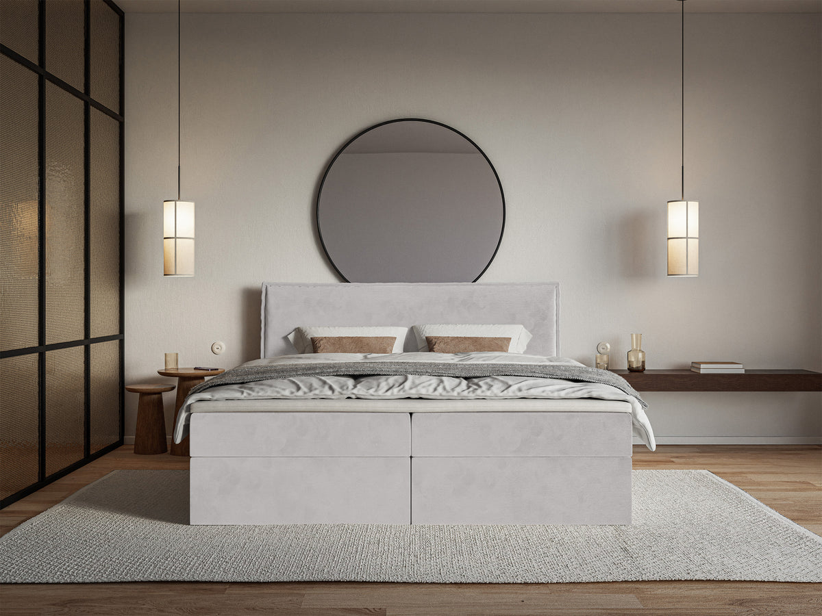 Kontinentalbett 180x200 cm Softie mit Stauraum und Topper, hellgrauer Velours, hydrophob