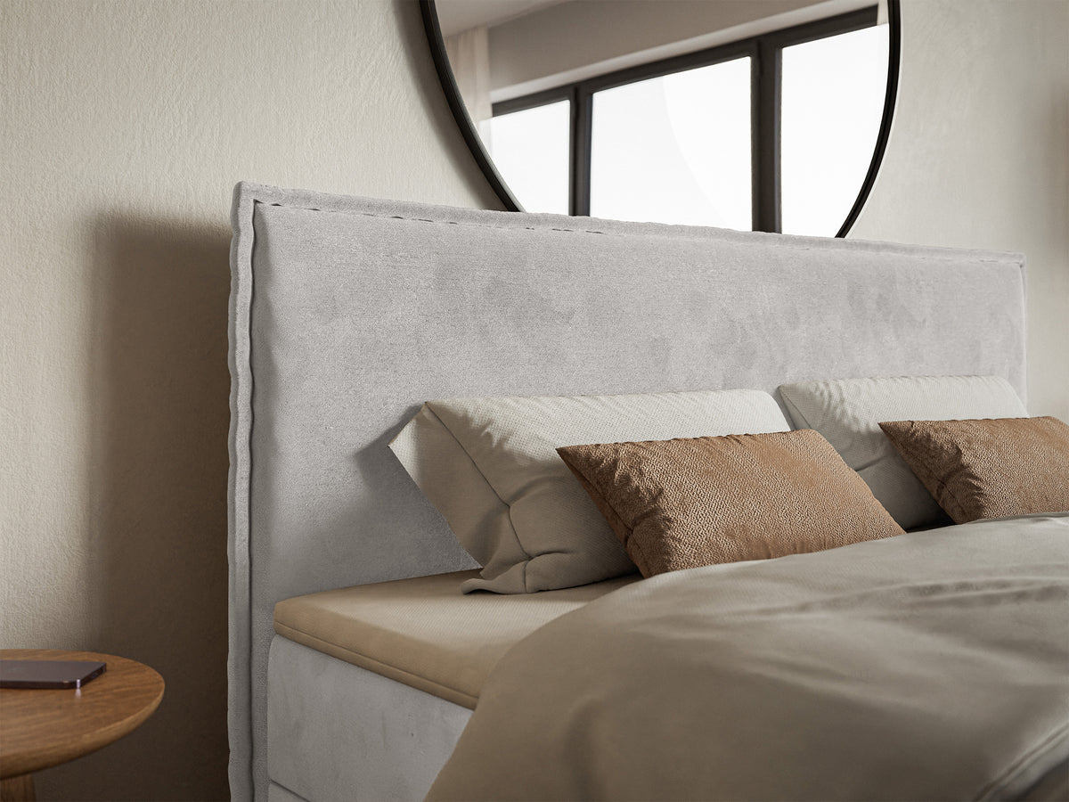 Kontinentalbett 180x200 cm Softie mit Stauraum und Topper, hellgrauer Velours, hydrophob