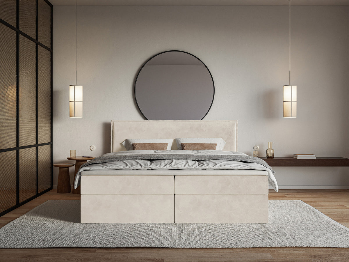 Kontinentalbett 180x200 cm Softie mit Stauraum und Topper, beige Velours, wasserabweisend