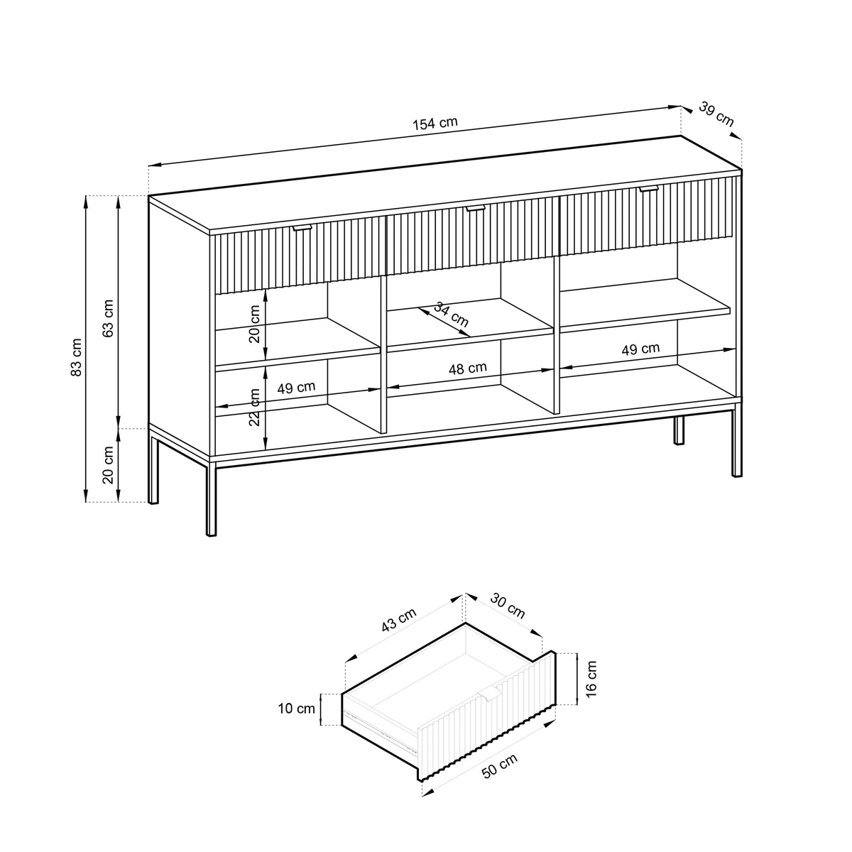 Commode 3 portes Vellore 154 cm blanche avec façades rainurées et structure dorée